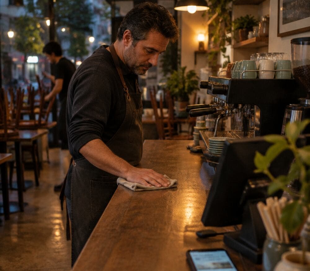 Dueño de una cafetería limpia el mesón al cierre
